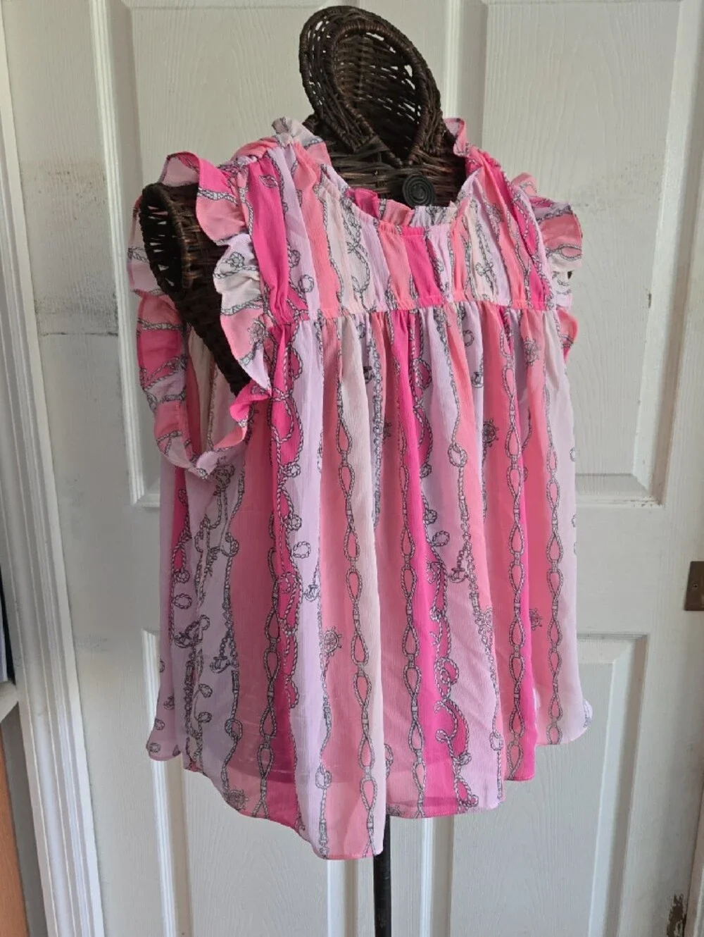 77 Park Women's Pink Striped Ruffle Sleeve Camisole-Size XL